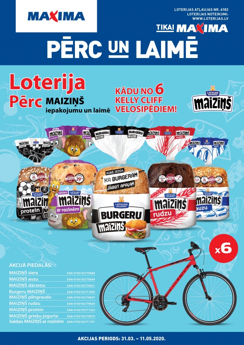 "Maiziņš" loterija - PĒRC un LAIMĒ kādu no 6 KELLY CLIFF velosipēdiem!