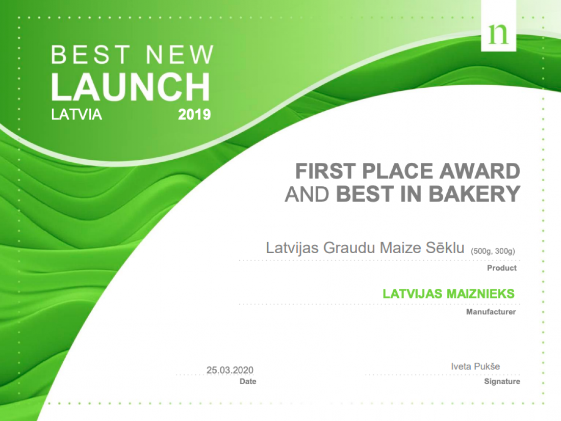 Хлеб с семенами «Latvijas Graudu» был признан лучшим новым продуктом в Латвии в 2019 году